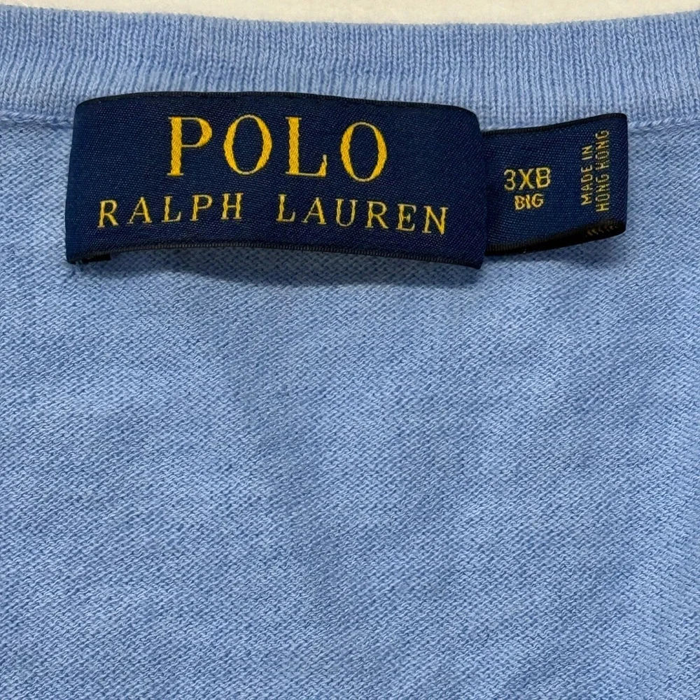 Polo Ralph Lauren Mens 3XB Blue Cotton Cashmere V-Neck Sweater Big & Tall Pony